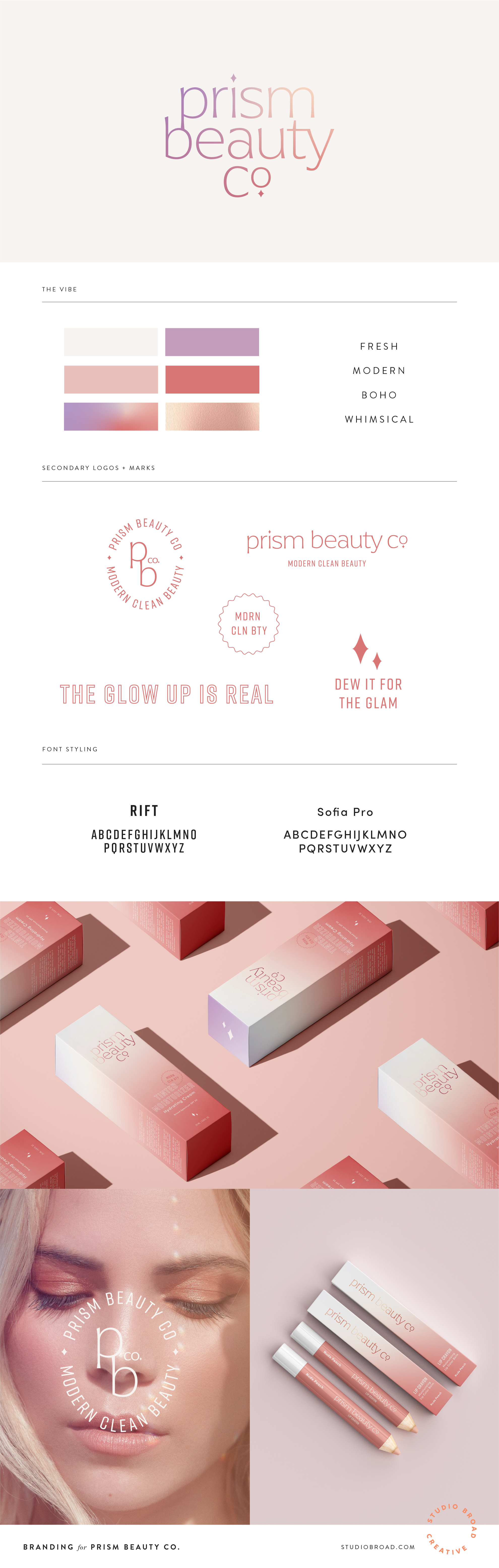 Branding, Logos, Color Palette, Font Styling and Packaging Design Inspiration for Prism Beauty Co. 